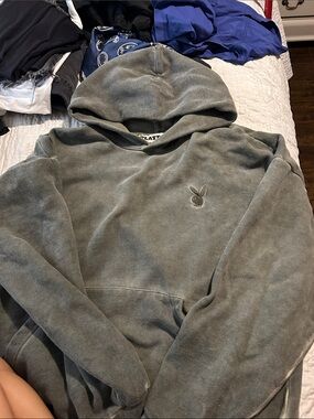 PLAYBOY Washed Gray Pullover Hoodie with Embroidered Bunny